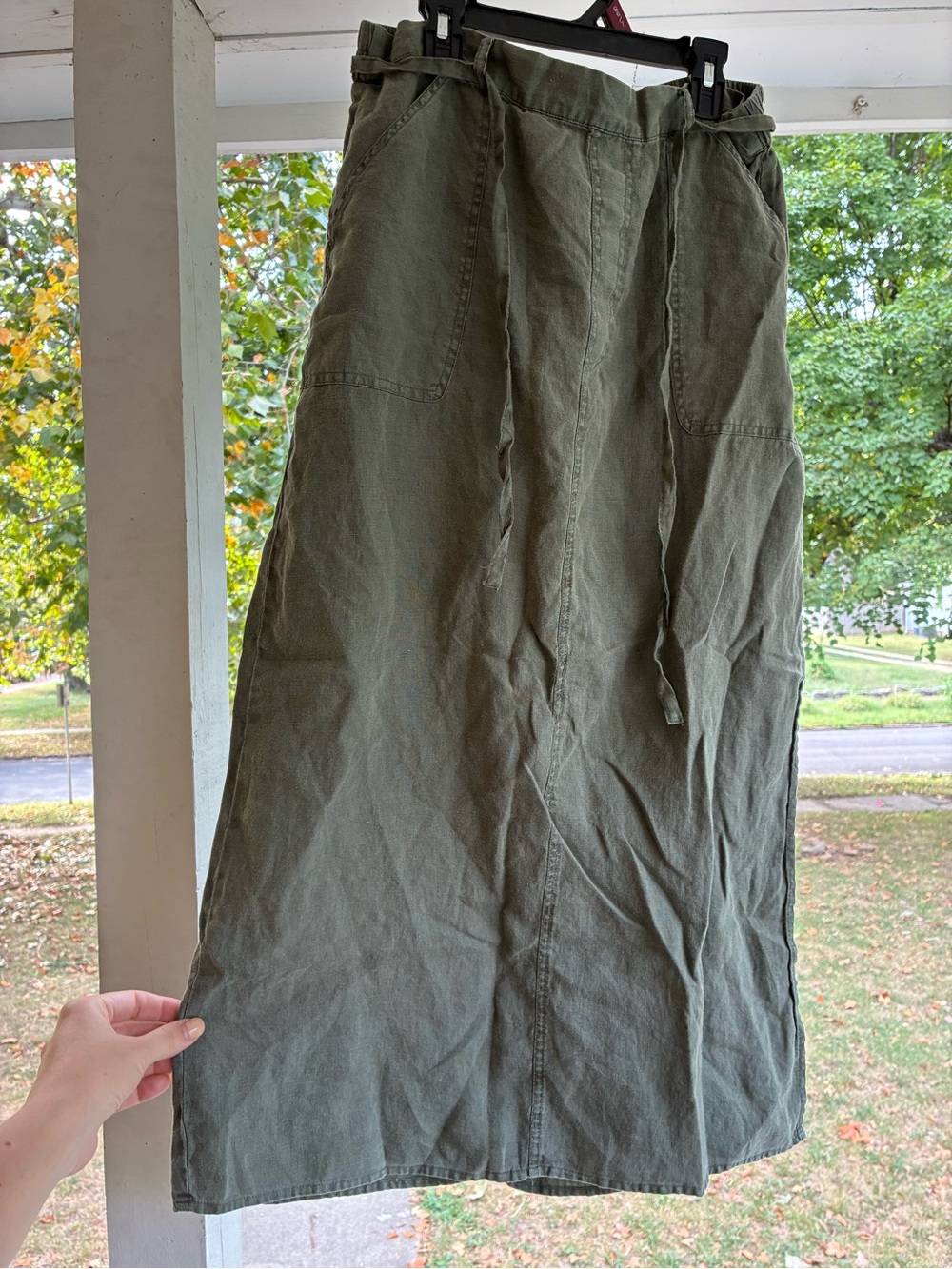 100% Linen Olive Green Long Skirt with Tie Waist